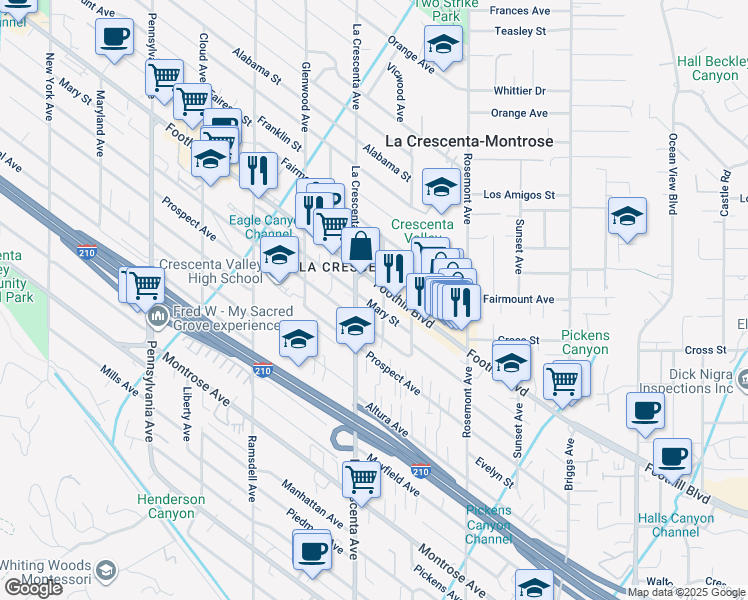 map of restaurants, bars, coffee shops, grocery stores, and more near 2751 Mary Street in La Crescenta-Montrose