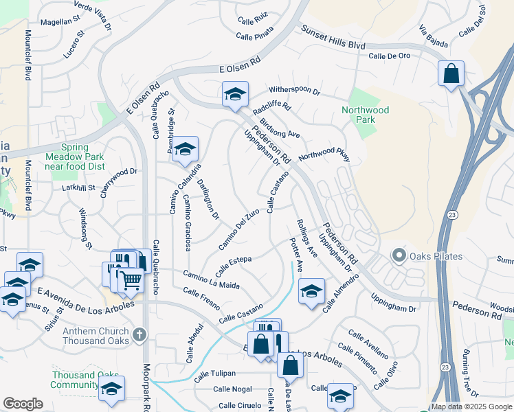 map of restaurants, bars, coffee shops, grocery stores, and more near 3097 Camino Del Zuro in Thousand Oaks