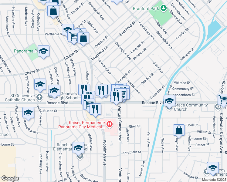 map of restaurants, bars, coffee shops, grocery stores, and more near 8320 Bardwell Avenue in Los Angeles