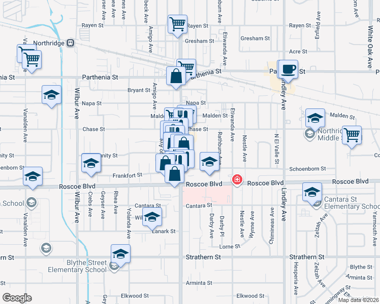 map of restaurants, bars, coffee shops, grocery stores, and more near 8354 Reseda Boulevard in Los Angeles