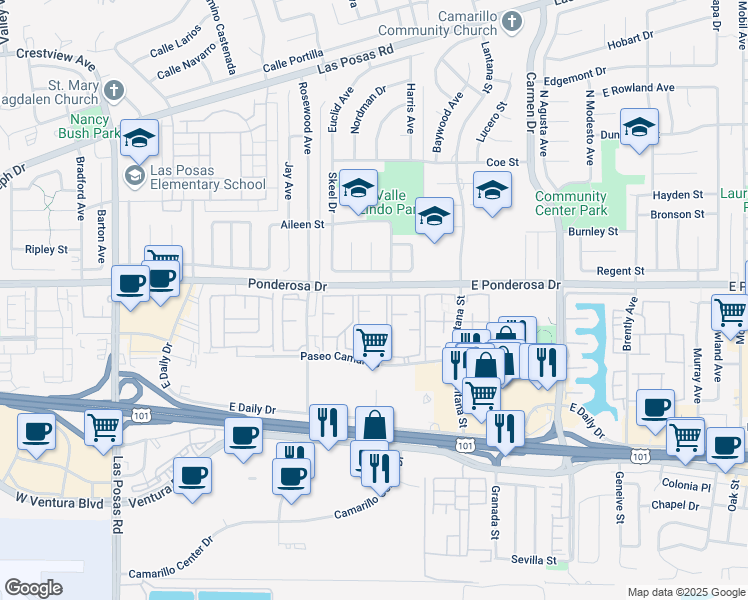map of restaurants, bars, coffee shops, grocery stores, and more near 909 Paseo Camarillo in Camarillo