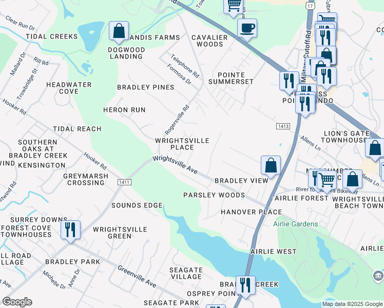 map of restaurants, bars, coffee shops, grocery stores, and more near 6225 Wrightsville Avenue in Wilmington