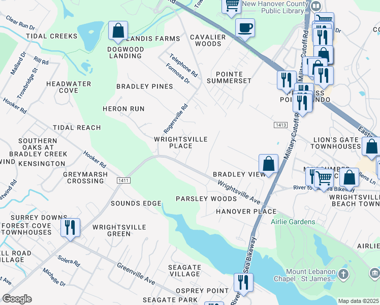 map of restaurants, bars, coffee shops, grocery stores, and more near 6229 Wrightsville Avenue in Wilmington