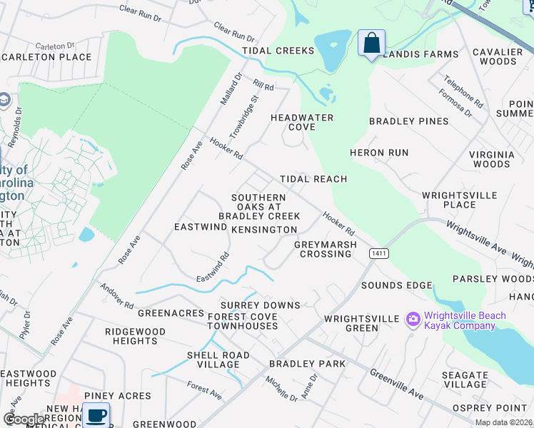map of restaurants, bars, coffee shops, grocery stores, and more near 6107 Thaxton Court in Wilmington
