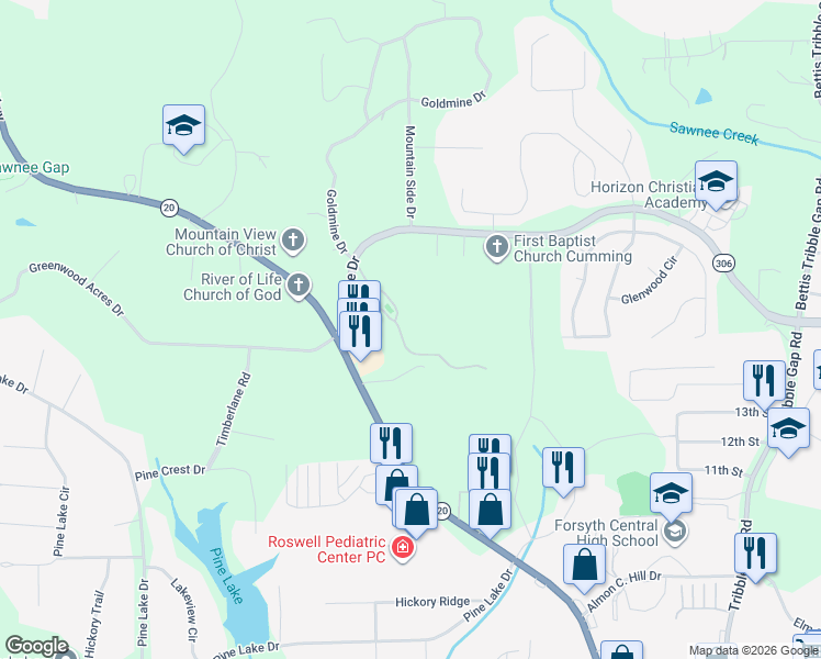 map of restaurants, bars, coffee shops, grocery stores, and more near 1103 Somerton Place in Cumming