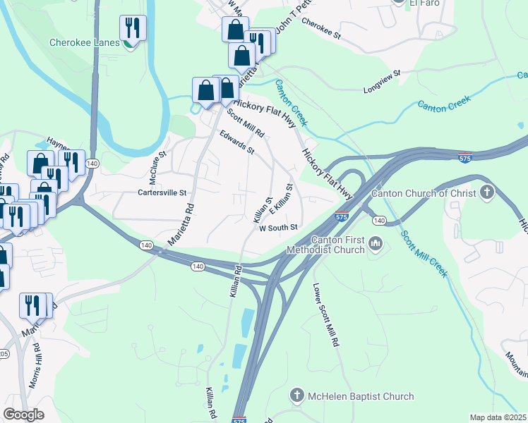 map of restaurants, bars, coffee shops, grocery stores, and more near 251 Killian Street in Canton