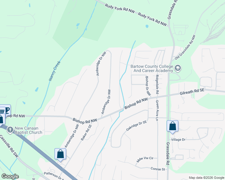 map of restaurants, bars, coffee shops, grocery stores, and more near 74 Amberidge Drive Northwest in Cartersville