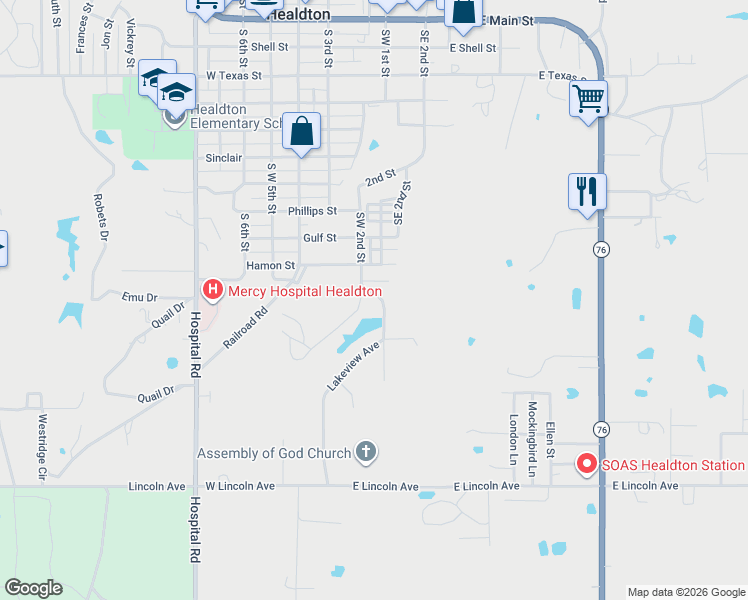 map of restaurants, bars, coffee shops, grocery stores, and more near Southwest 2nd Street in Healdton