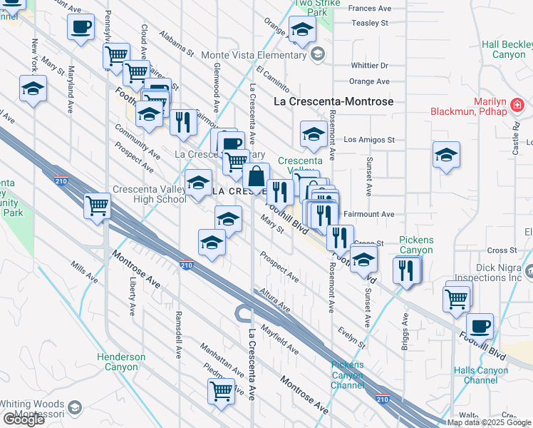 map of restaurants, bars, coffee shops, grocery stores, and more near 2751 Mary Street in La Crescenta-Montrose