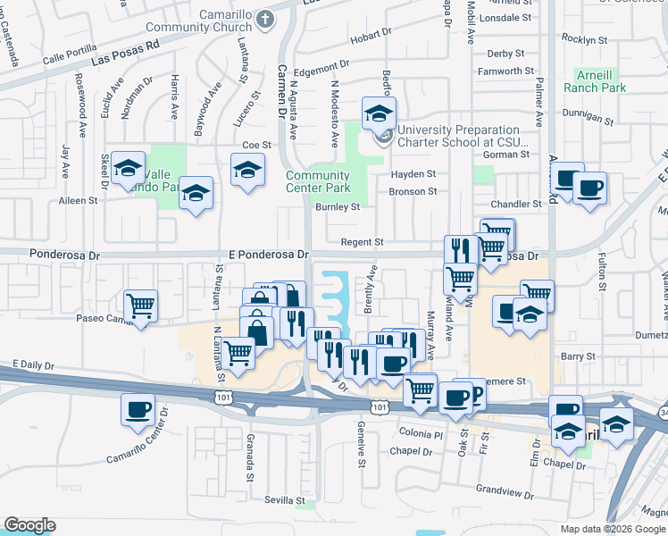 map of restaurants, bars, coffee shops, grocery stores, and more near 1656 Shoreline Street in Camarillo