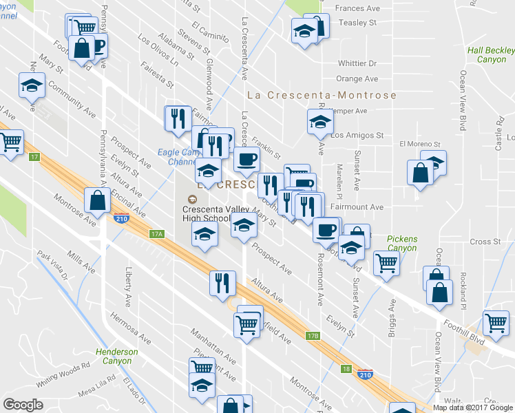 map of restaurants, bars, coffee shops, grocery stores, and more near 2751 Mary Street in La Crescenta-Montrose