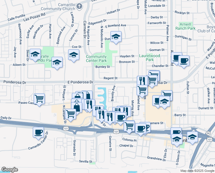 map of restaurants, bars, coffee shops, grocery stores, and more near 1716 Shoreline Street in Camarillo