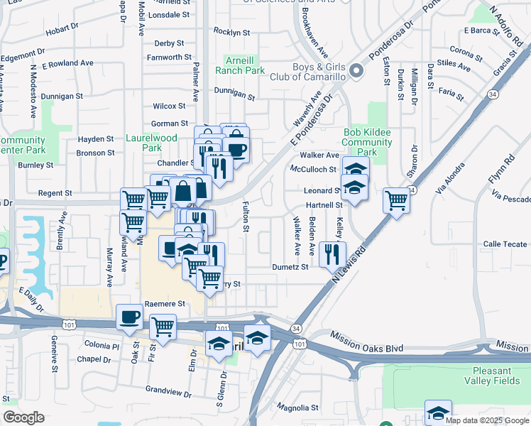 map of restaurants, bars, coffee shops, grocery stores, and more near 2567 Hartnell Street in Camarillo