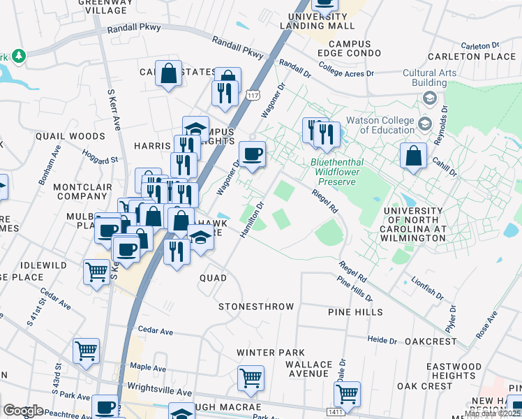 map of restaurants, bars, coffee shops, grocery stores, and more near 751 Hamilton Drive in Wilmington