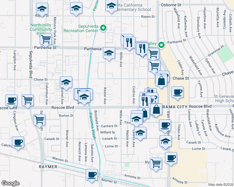 map of restaurants, bars, coffee shops, grocery stores, and more near 8355 Willis Avenue in Los Angeles