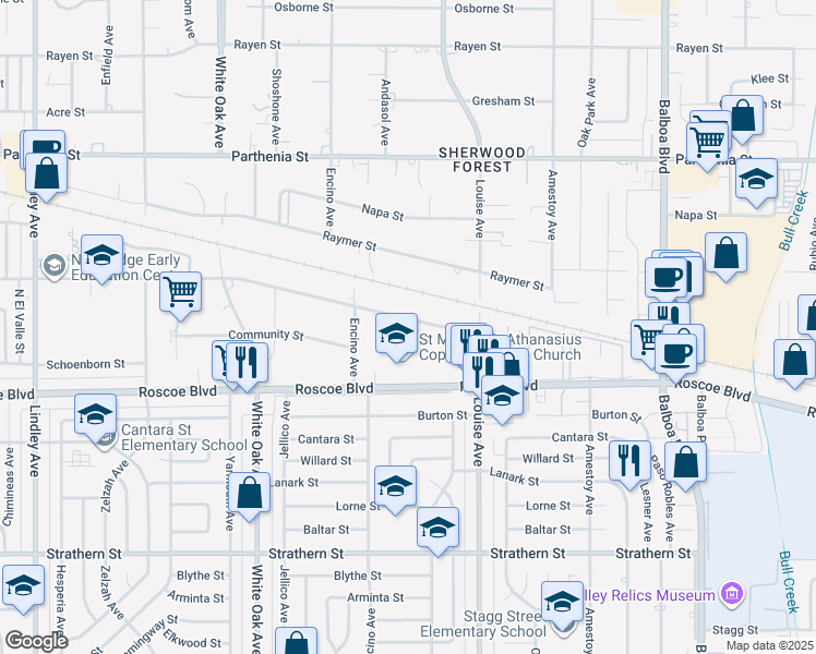 map of restaurants, bars, coffee shops, grocery stores, and more near 17402 Chase Street in Los Angeles
