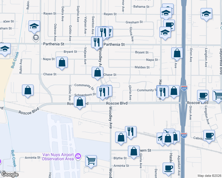 map of restaurants, bars, coffee shops, grocery stores, and more near 16080 Columbus Lane in Los Angeles