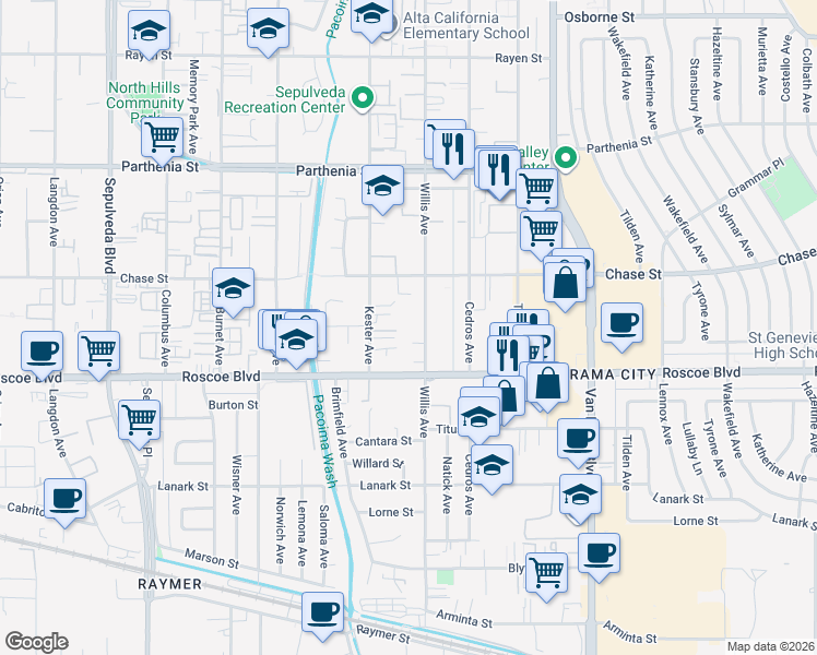 map of restaurants, bars, coffee shops, grocery stores, and more near 8355 Willis Avenue in Los Angeles
