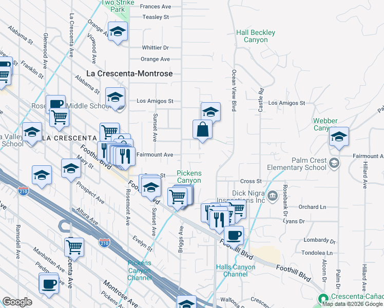 map of restaurants, bars, coffee shops, grocery stores, and more near Fairmount Avenue in La Crescenta-Montrose