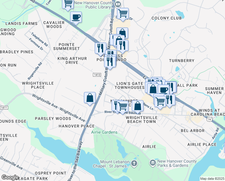 map of restaurants, bars, coffee shops, grocery stores, and more near 1507 Military Cutoff Road in Wilmington