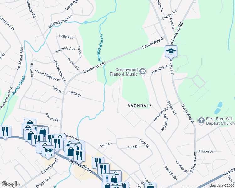 map of restaurants, bars, coffee shops, grocery stores, and more near 106 Rhett Court in Greenwood