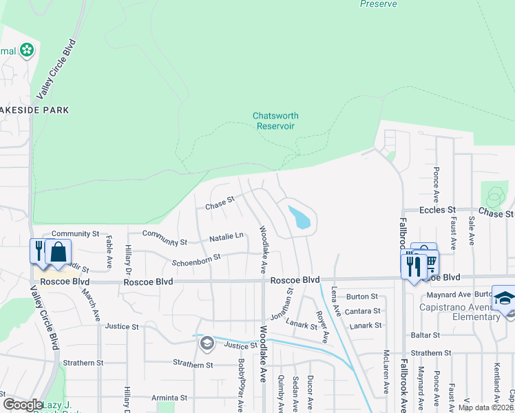 map of restaurants, bars, coffee shops, grocery stores, and more near 8429 Denise Lane in Los Angeles