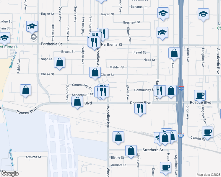 map of restaurants, bars, coffee shops, grocery stores, and more near 16072 Columbus Lane in Los Angeles