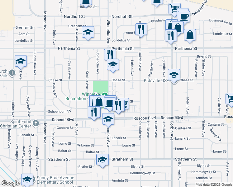 map of restaurants, bars, coffee shops, grocery stores, and more near 20027 Community Street in Los Angeles