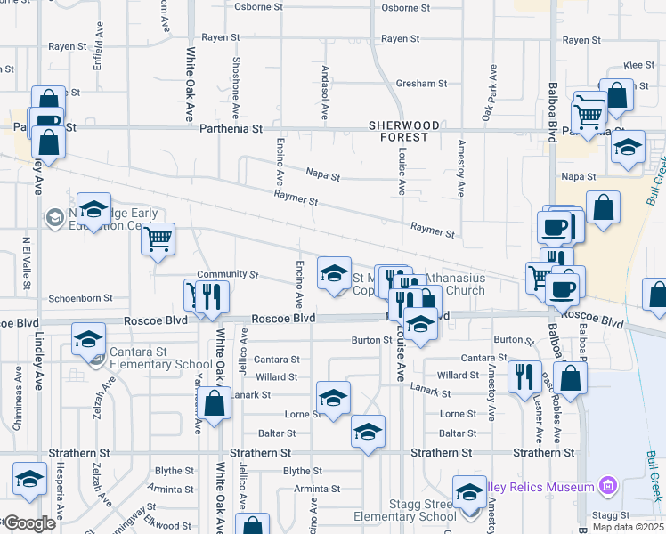 map of restaurants, bars, coffee shops, grocery stores, and more near 17420 Chase Street in Los Angeles