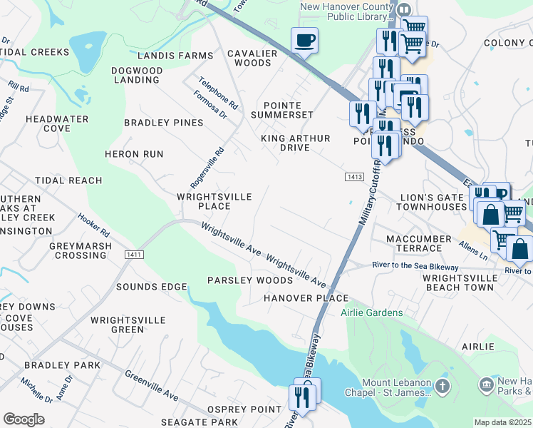 map of restaurants, bars, coffee shops, grocery stores, and more near 2309 New Orleans Place in Wilmington