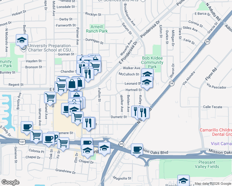 map of restaurants, bars, coffee shops, grocery stores, and more near 2687 Hartnell Street in Camarillo
