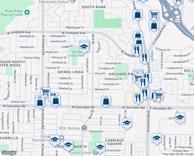 map of restaurants, bars, coffee shops, grocery stores, and more near 2061 Koala Place in Oxnard