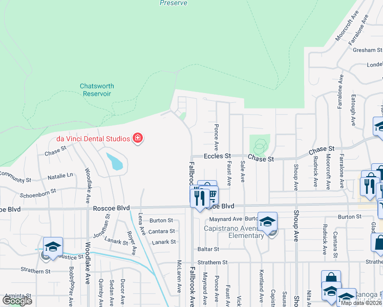 map of restaurants, bars, coffee shops, grocery stores, and more near 8413 Fallbrook Avenue in Los Angeles