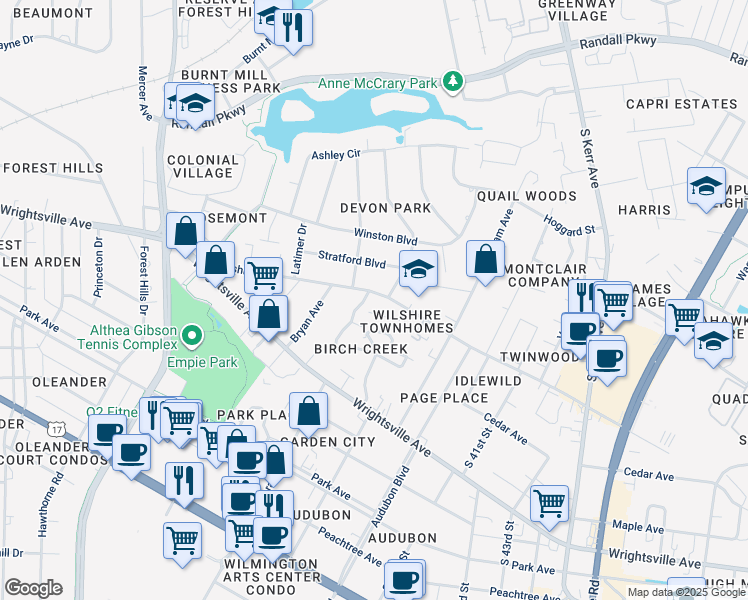 map of restaurants, bars, coffee shops, grocery stores, and more near 937 Birch Creek Drive in Wilmington