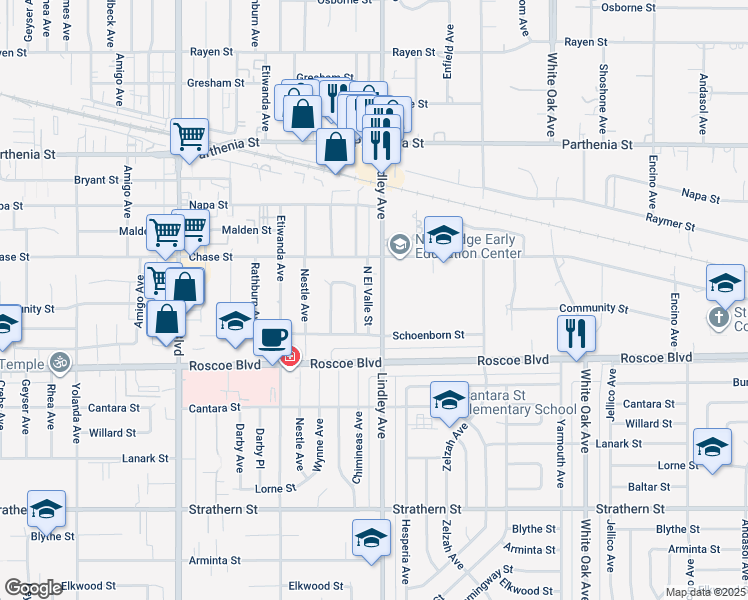 map of restaurants, bars, coffee shops, grocery stores, and more near 8363 Lindley Avenue in Los Angeles