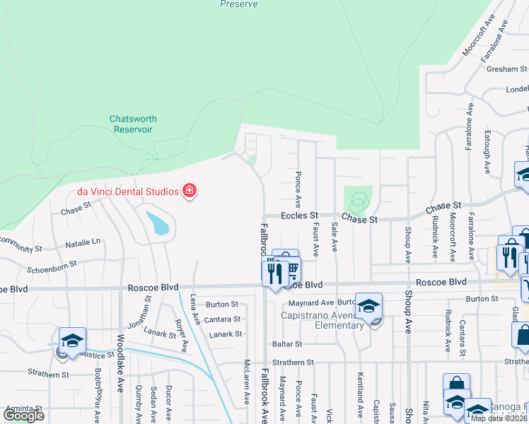 map of restaurants, bars, coffee shops, grocery stores, and more near 22750 Eccles Street in Los Angeles