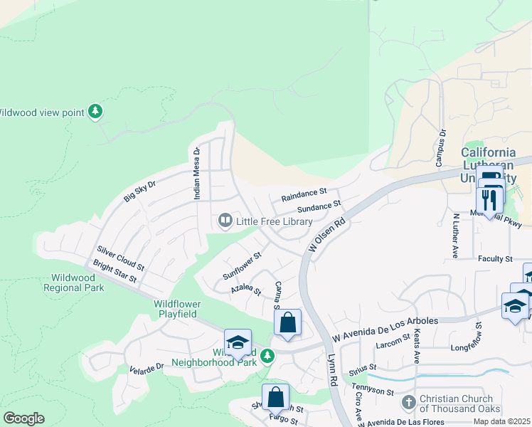 map of restaurants, bars, coffee shops, grocery stores, and more near 552 Sundance Street in Thousand Oaks