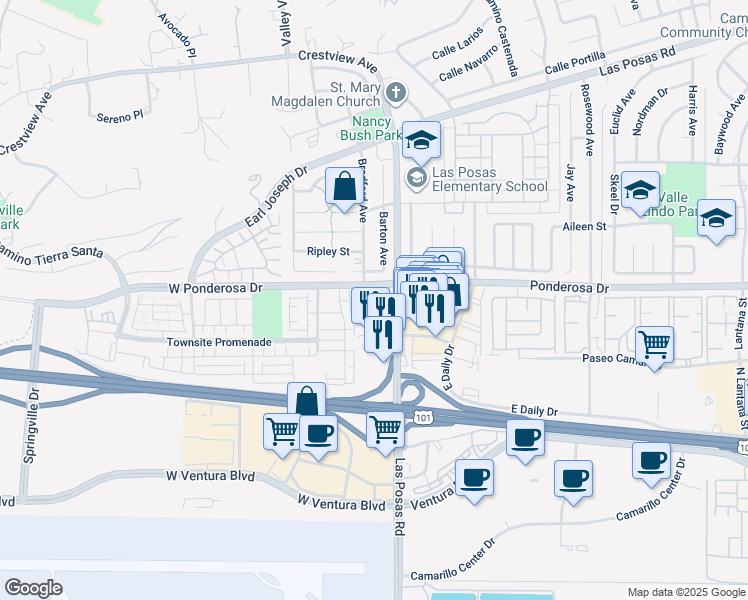 map of restaurants, bars, coffee shops, grocery stores, and more near 672 Spring Oak Road in Camarillo