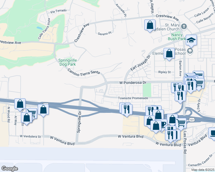map of restaurants, bars, coffee shops, grocery stores, and more near 653 Camino Tierra Santa in Camarillo