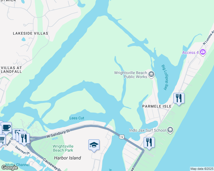 map of restaurants, bars, coffee shops, grocery stores, and more near 4 Pelican Drive in Wrightsville Beach