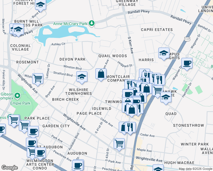 map of restaurants, bars, coffee shops, grocery stores, and more near 734 Montclair Drive in Wilmington