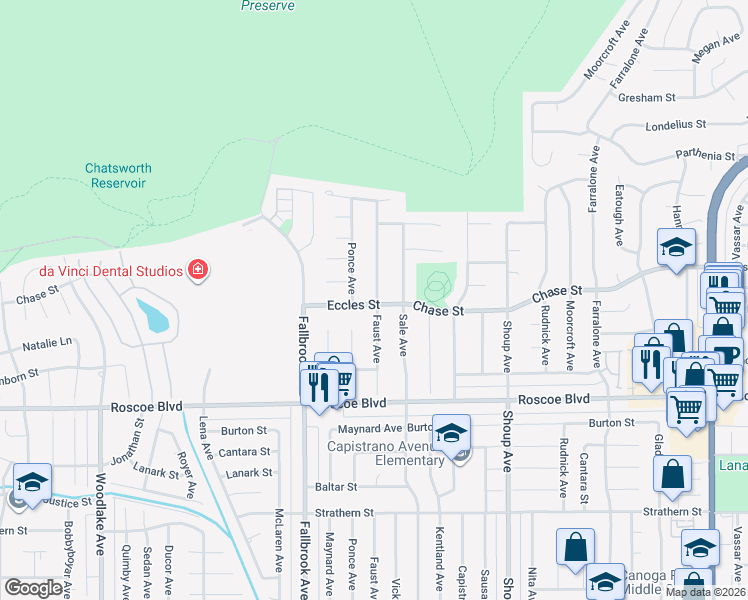 map of restaurants, bars, coffee shops, grocery stores, and more near 8386 Faust Avenue in Los Angeles