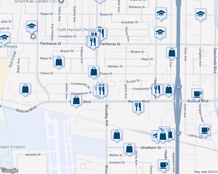map of restaurants, bars, coffee shops, grocery stores, and more near 16072 Columbus Lane in Los Angeles