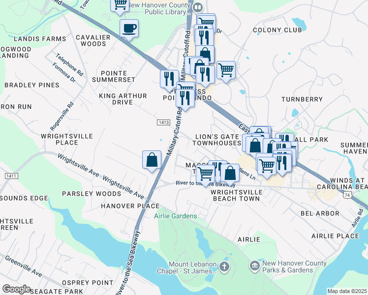 map of restaurants, bars, coffee shops, grocery stores, and more near 1507 Military Cutoff Road in Wilmington