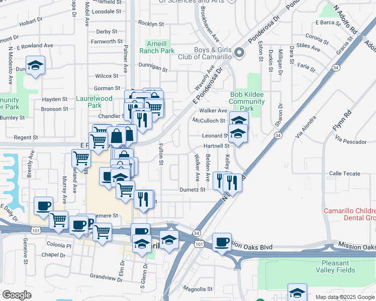 map of restaurants, bars, coffee shops, grocery stores, and more near 2687 Hartnell Street in Camarillo