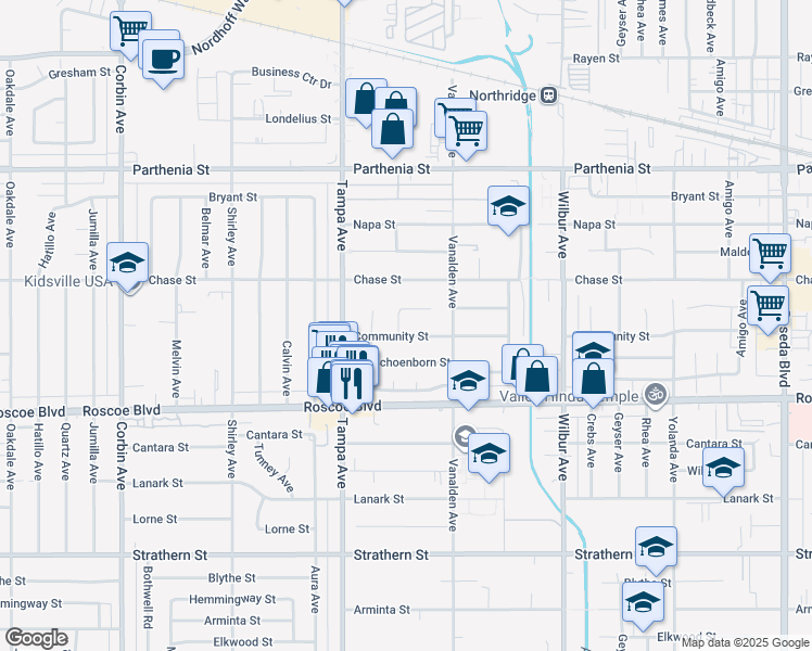 map of restaurants, bars, coffee shops, grocery stores, and more near 8410 Beckford Avenue in Los Angeles