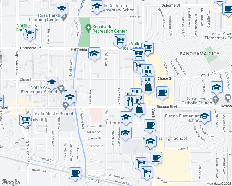 map of restaurants, bars, coffee shops, grocery stores, and more near 8353 Cedros Avenue in Los Angeles