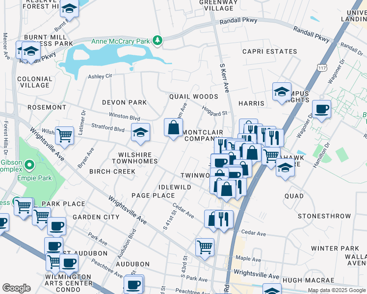 map of restaurants, bars, coffee shops, grocery stores, and more near 734 Montclair Drive in Wilmington