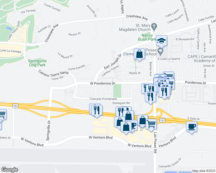 map of restaurants, bars, coffee shops, grocery stores, and more near Santa Susana Road in Camarillo