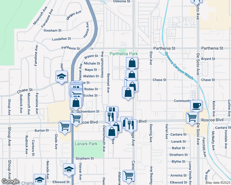 map of restaurants, bars, coffee shops, grocery stores, and more near 8408 Remmet Avenue in Los Angeles